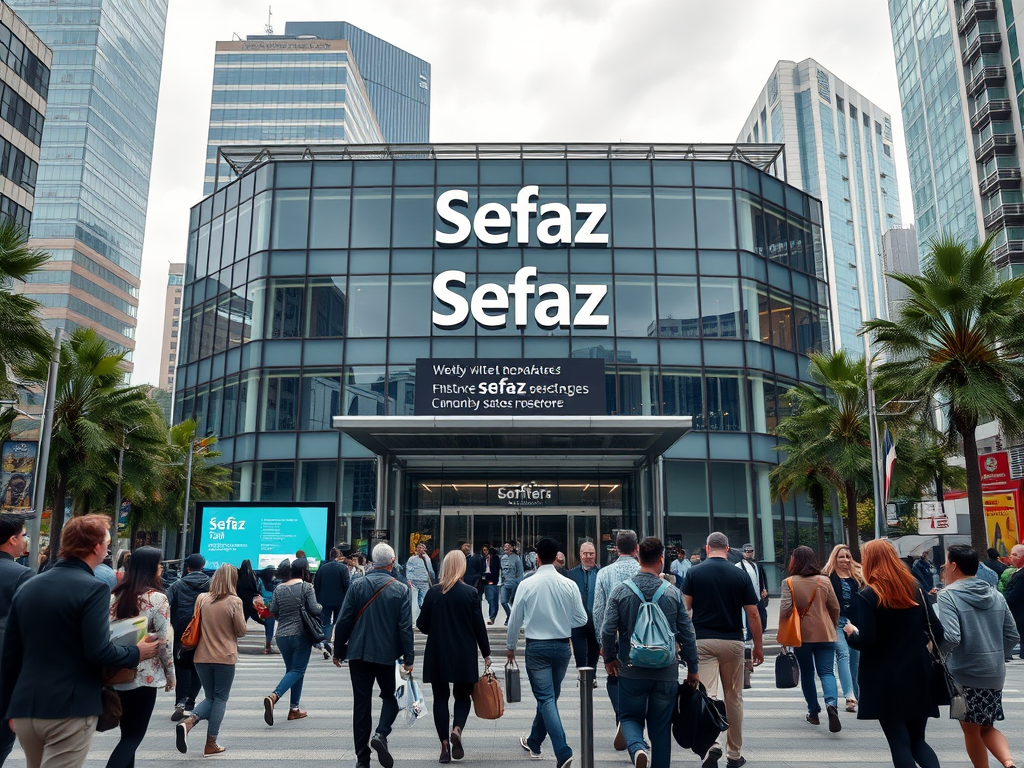 Create a realistic image of a modern office building with "Sefaz" written on its facade, surrounded by a bustling cityscape. In the foreground, show a diverse group of people walking towards the building, some carrying documents or briefcases. Include a digital screen near the entrance displaying tax-related information and deadlines.