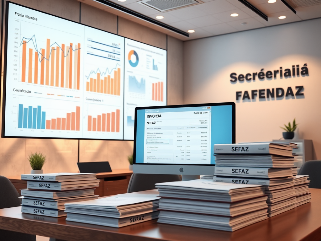 Create a realistic image of a modern office interior with a large digital display showing financial charts and graphs, a desk with a computer displaying a digital invoice, and stacks of official-looking documents with "SEFAZ" printed on them. The scene should have warm, professional lighting and a "Secretaria da Fazenda" sign visible on the wall.